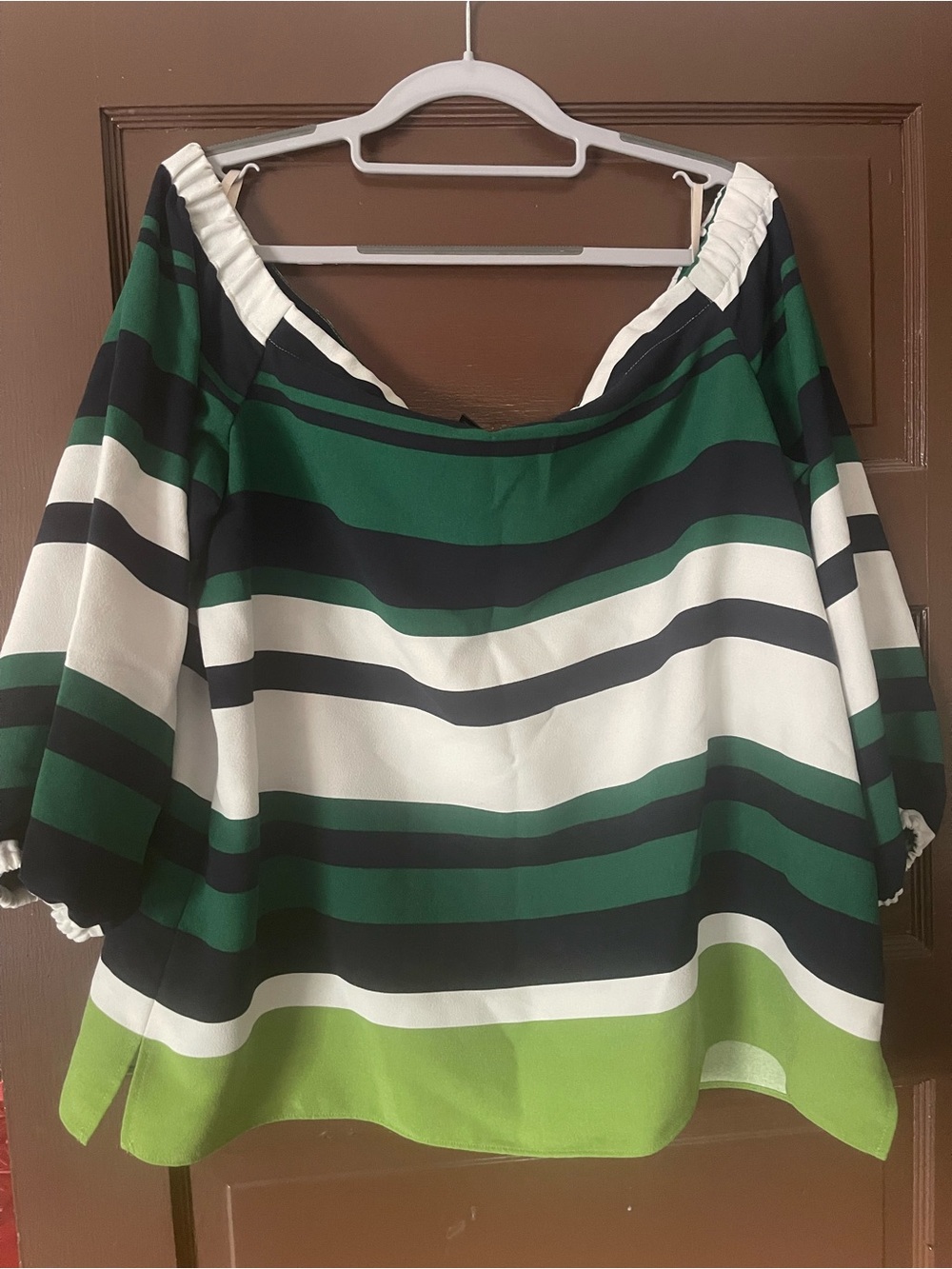 Ann Taylor Factory Green, Navy & White Striped Off-Shoulder Blouse